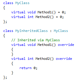 Captura de tela de MyInheritedClass que agora tem 2 definições de método virtual que correspondem aos nomes e assinaturas das declarações na classe base.
