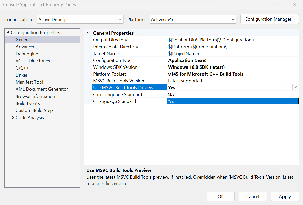Captura de ecrã da página Geral das propriedades do projeto em C++ > com a propriedade Utilizar a Pré-visualização das Ferramentas de Compilação do MSVC definida como Sim.