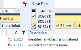 Lista de erros filtrada.