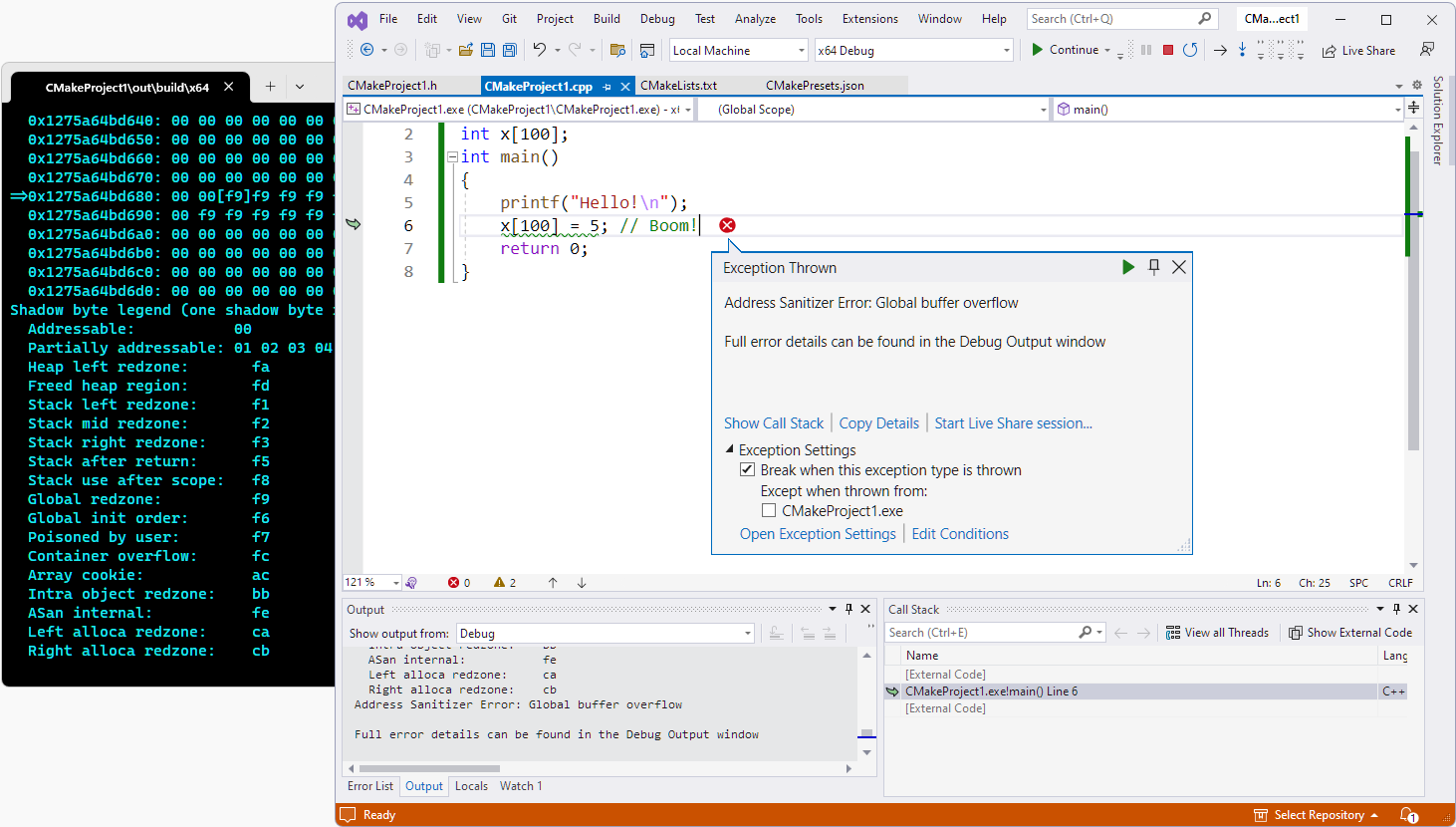 Captura de ecrã de uma exceção que indica: Erro do Sanitizador de Endereço: Estouro de buffer global. Em segundo plano, a saída do sanitizador de endereço é visível na janela de comandos.