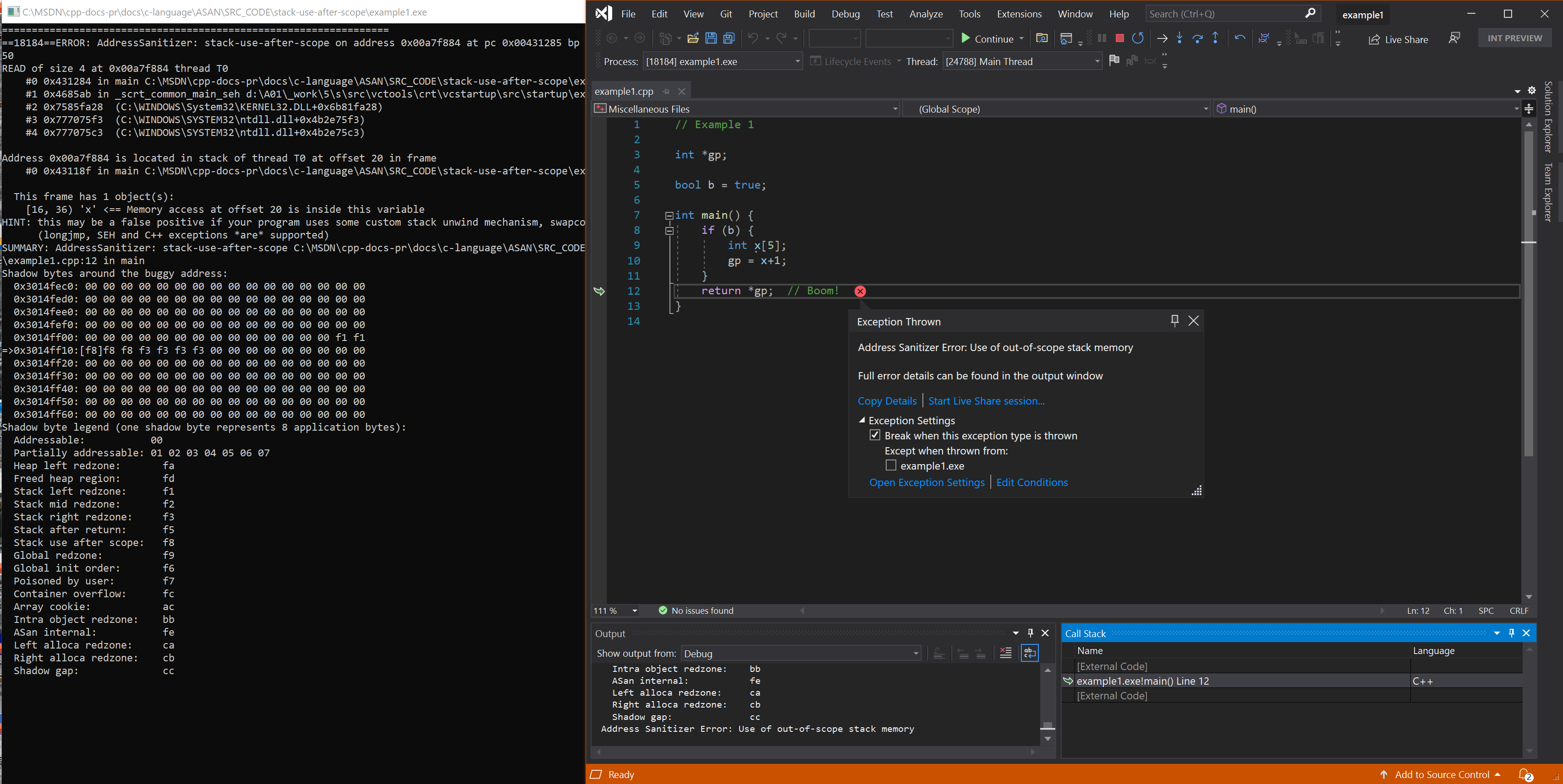 Captura de tela do depurador exibindo erro stack-use-after-scope no exemplo 1.