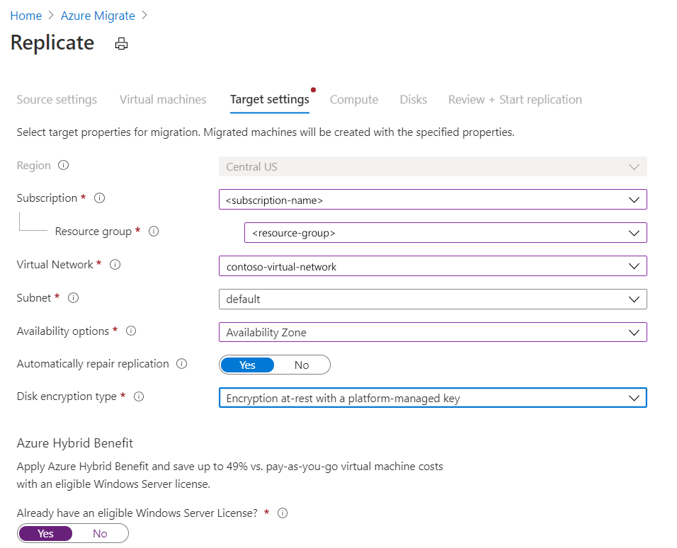 Captura da tela Configurações de destino.