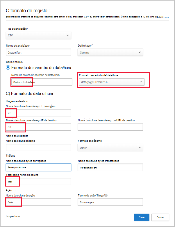 Captura de ecrã da caixa de diálogo Formato de registo personalizado, com valores preenchidos.