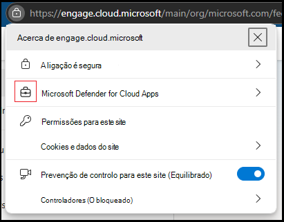 Captura de ecrã do ícone do cadeado na barra de endereços do Edge mostrando o símbolo da mala a indicar que a sessão está protegida pelo Defender for Cloud Apps.