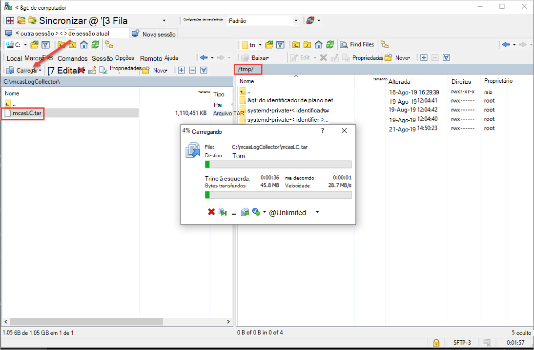 Captura de tela do upload do coletor de logs para o host de destino.