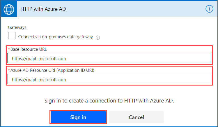 Screenshot do HTTP com Azure AD janela, mostrando os campos de recursos e o botão de iniciar sposição.