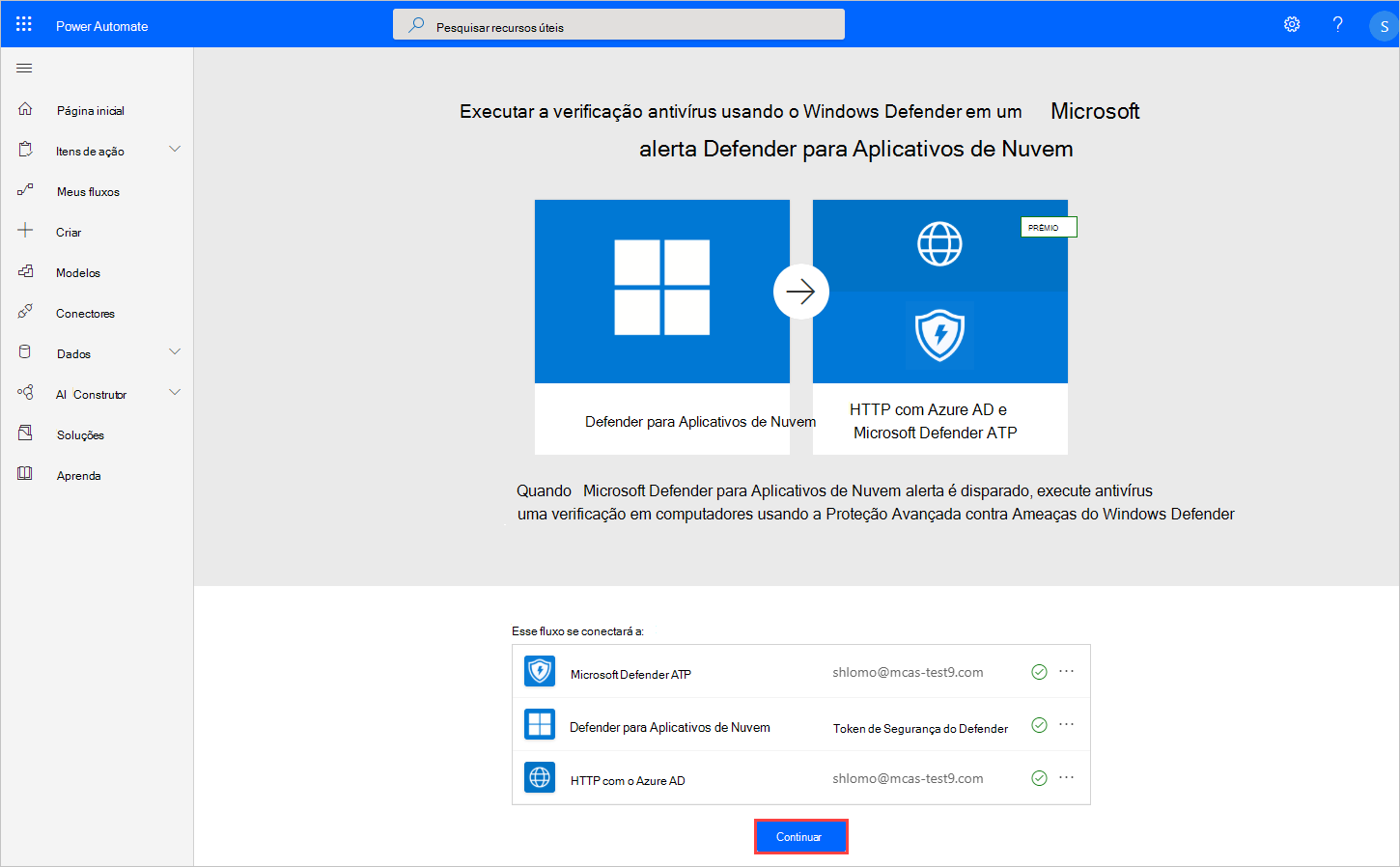 Screenshot of the templates Power Automate window, showing the completed actions and continue button.