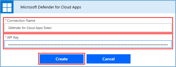 Screenshot da janela Defender for Cloud Apps, mostrando o nome e a entrada da chave e criar botão.