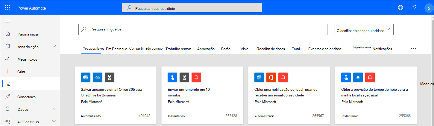Screenshot of the main Power Automate page, showing the selection of templates.