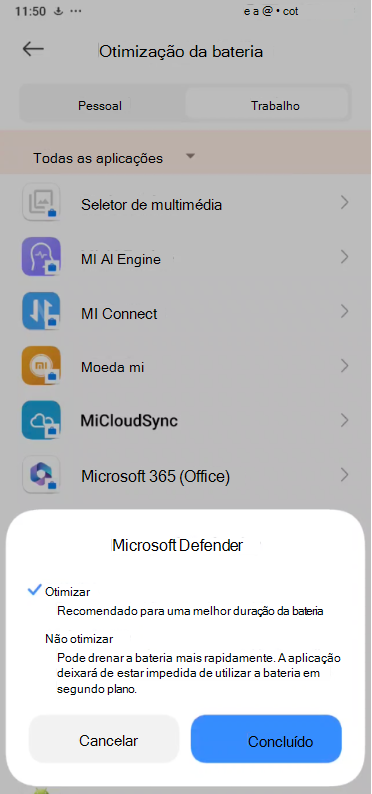 Imagem do menu pendente Microsoft Defende Optimize