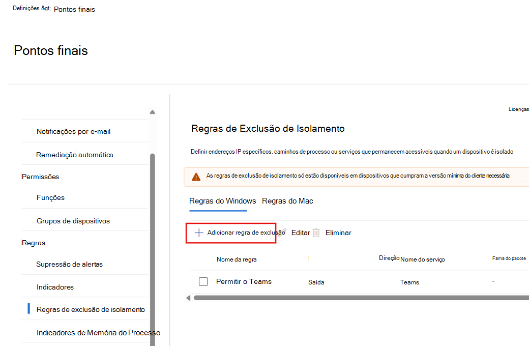 Captura de ecrã a mostrar como adicionar uma nova regra de exclusão de isolamento.