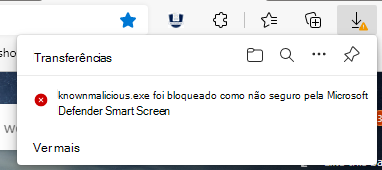 Captura de ecrã a mostrar como o SmartScreen deteta uma transferência de ficheiros com uma reputação insegura; a transferência está bloqueada.