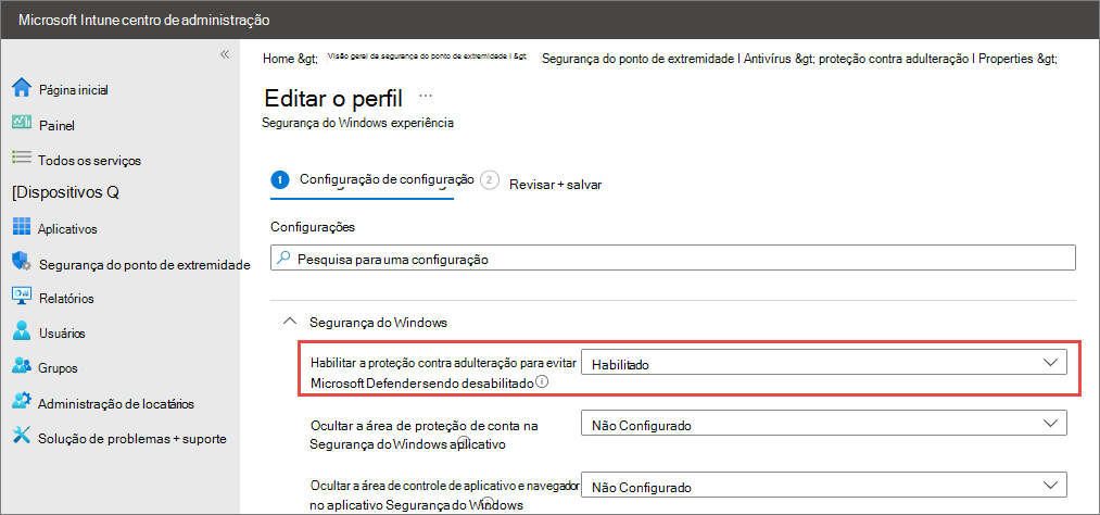 Captura de ecrã das definições do Segurança do Windows com proteção contra violações ativada.