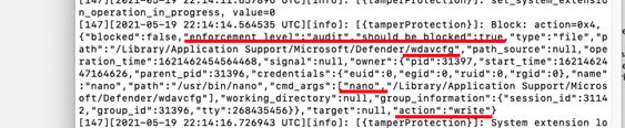 Captura de ecrã de um registo do Defender for Endpoint contendo eventos de proteção contra violações.