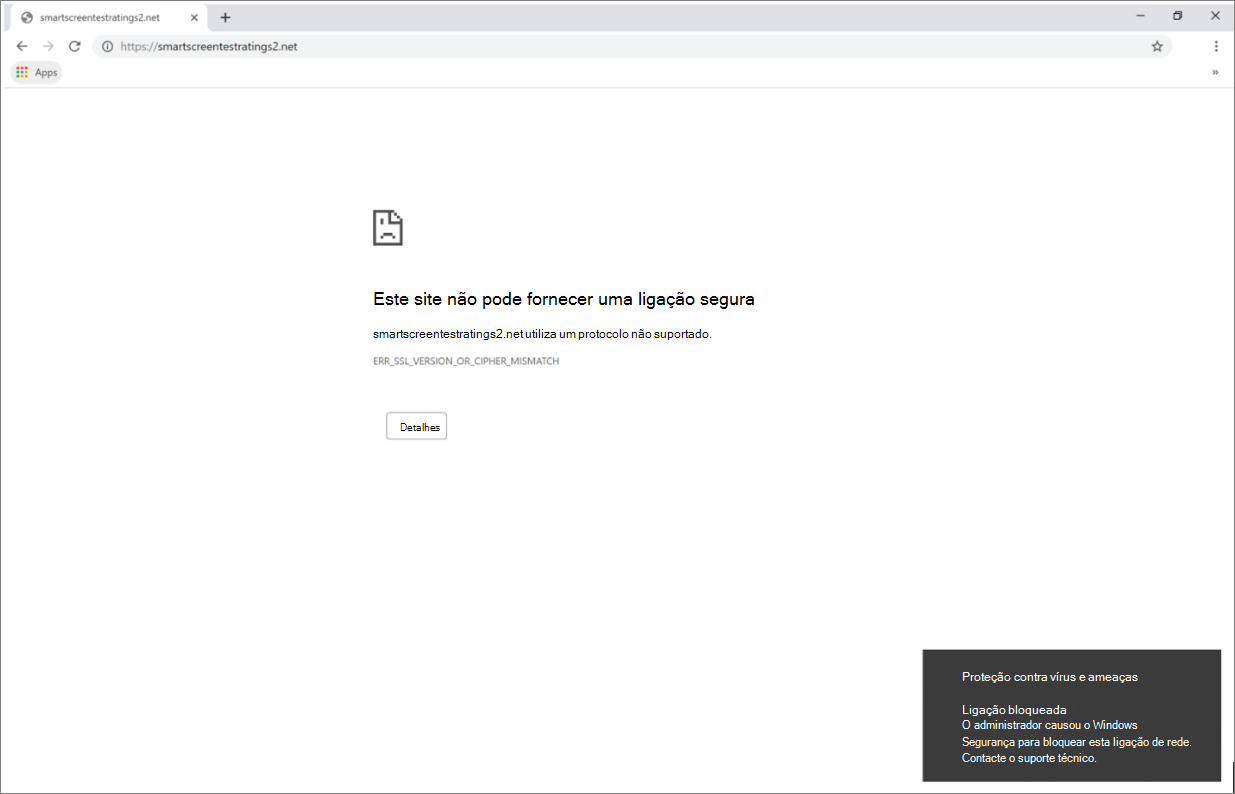 O browser Chrome a mostrar um aviso de ligação segura e a ameaça web de notificação do Windows