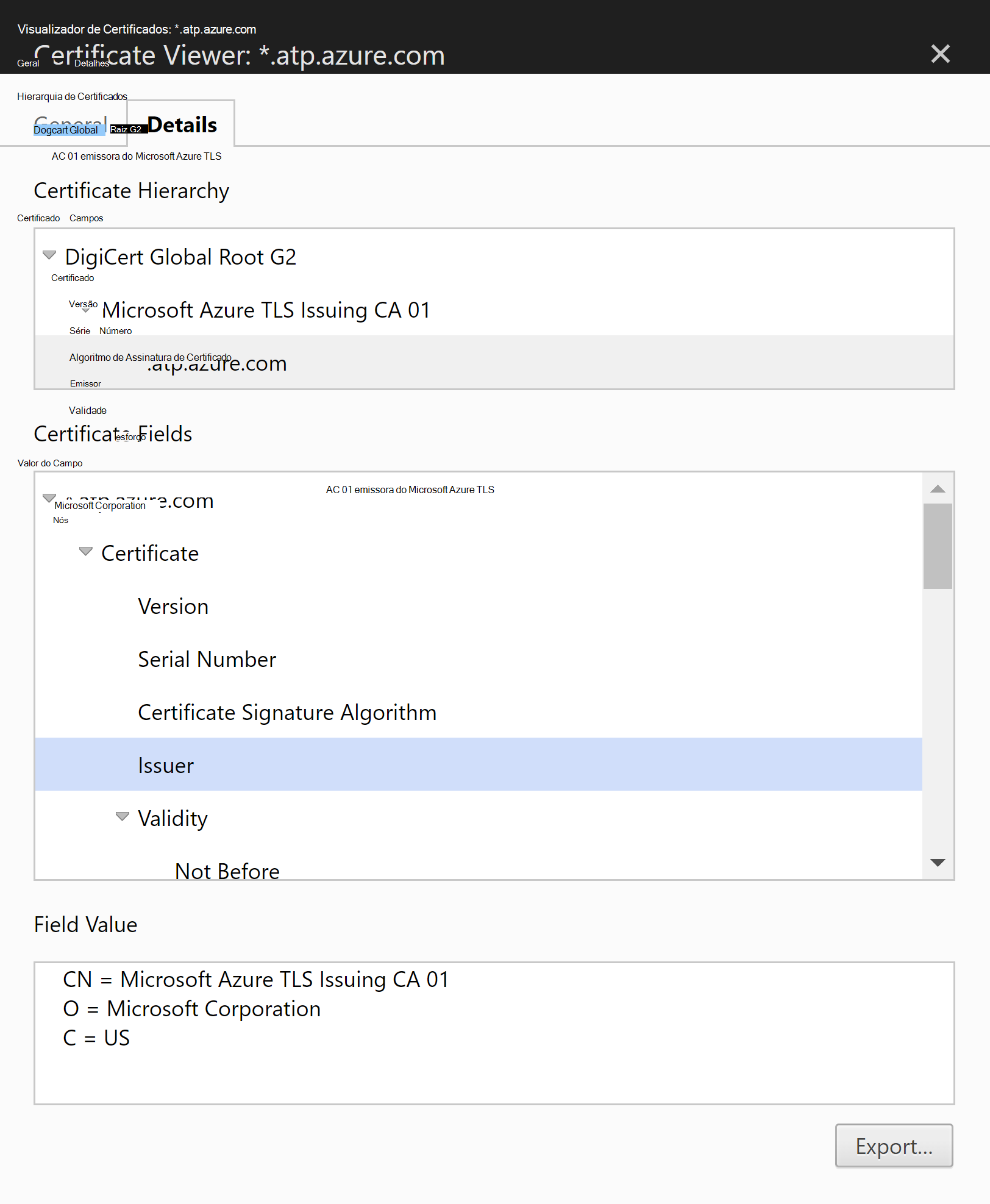 Captura de ecrã do caminho do certificado necessário.