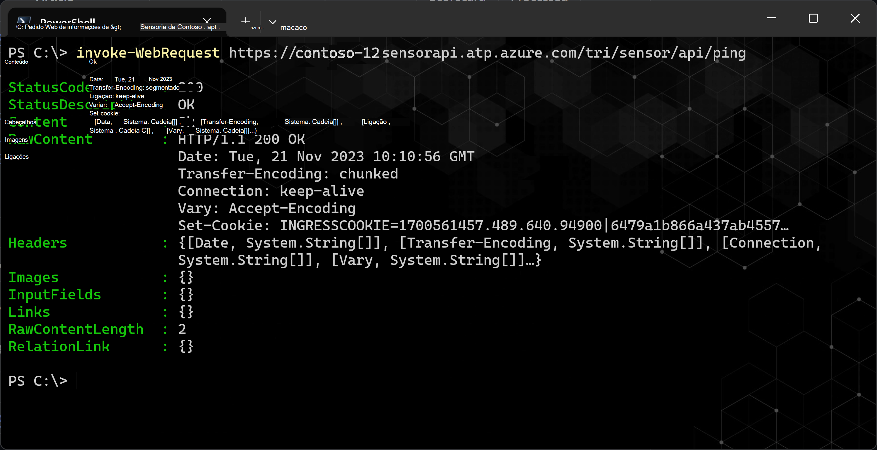 Captura de ecrã a mostrar um código de estado HTTP 200 (OK).