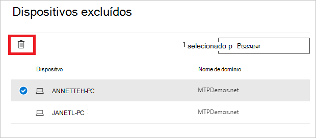 Captura de ecrã a mostrar como eliminar uma exclusão.