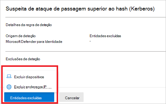 Captura de ecrã a mostrar as opções para excluir dispositivos ou endereços IP.