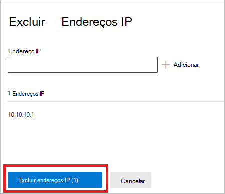 Captura de ecrã a mostrar a exclusão de endereços IP.