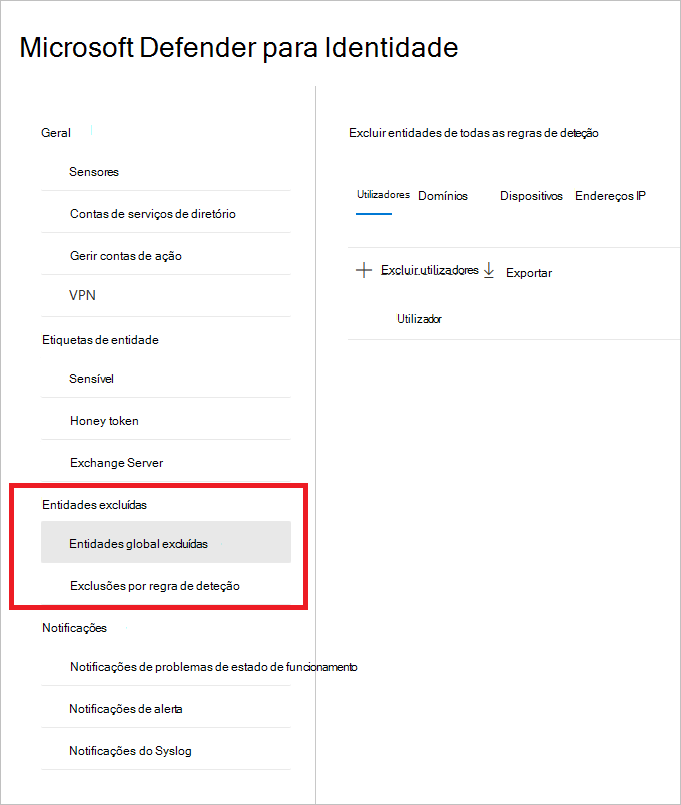 Captura de ecrã da lista de entidades excluídas.