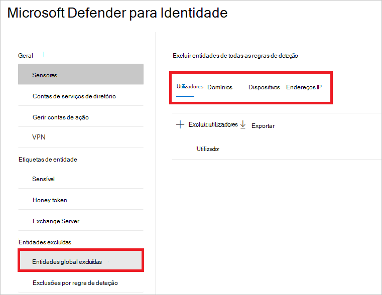 Captura de ecrã que mostra as entidades globalmente excluídas.