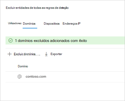Captura de ecrã que mostra a lista de entradas globalmente excluídas.