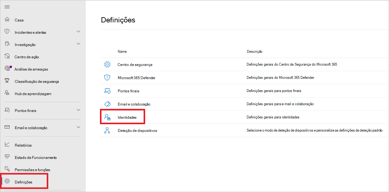Captura de ecrã que mostra a página de definições de identidades no portal do Microsoft Defender.