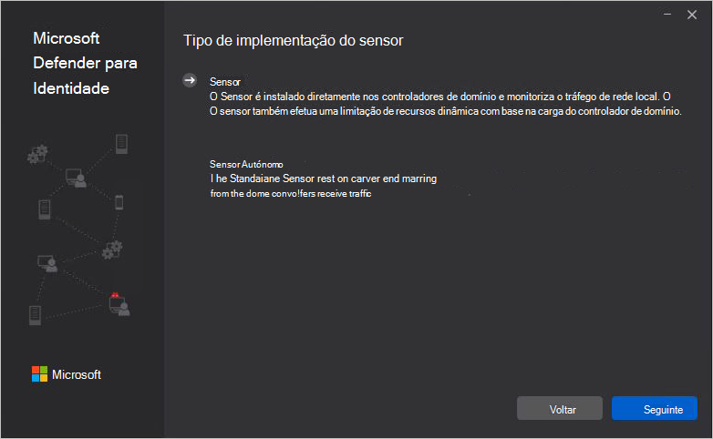 Captura de tela da página que identifica o tipo de implantação do sensor.