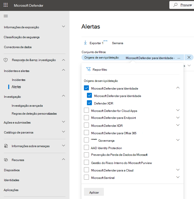 Captura de ecrã a mostrar o menu de filtro de alertas por serviço.