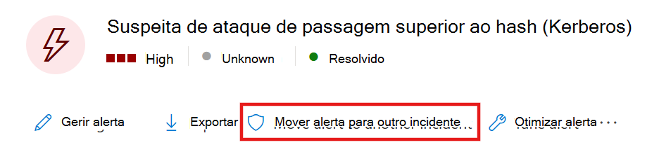 Captura de ecrã a mostrar a opção de mover um alerta para outro incidente.