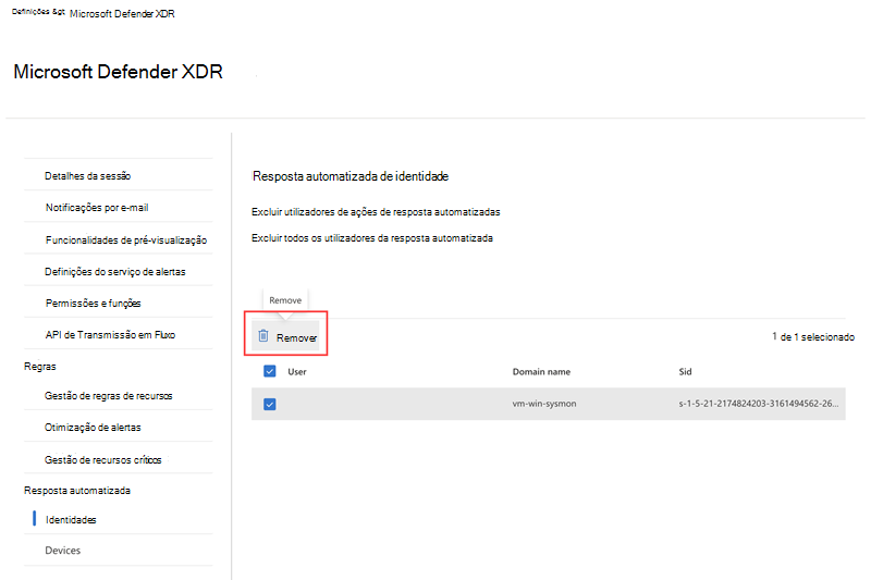 Captura de ecrã da opção de remover para um utilizador excluído na página de Identidades