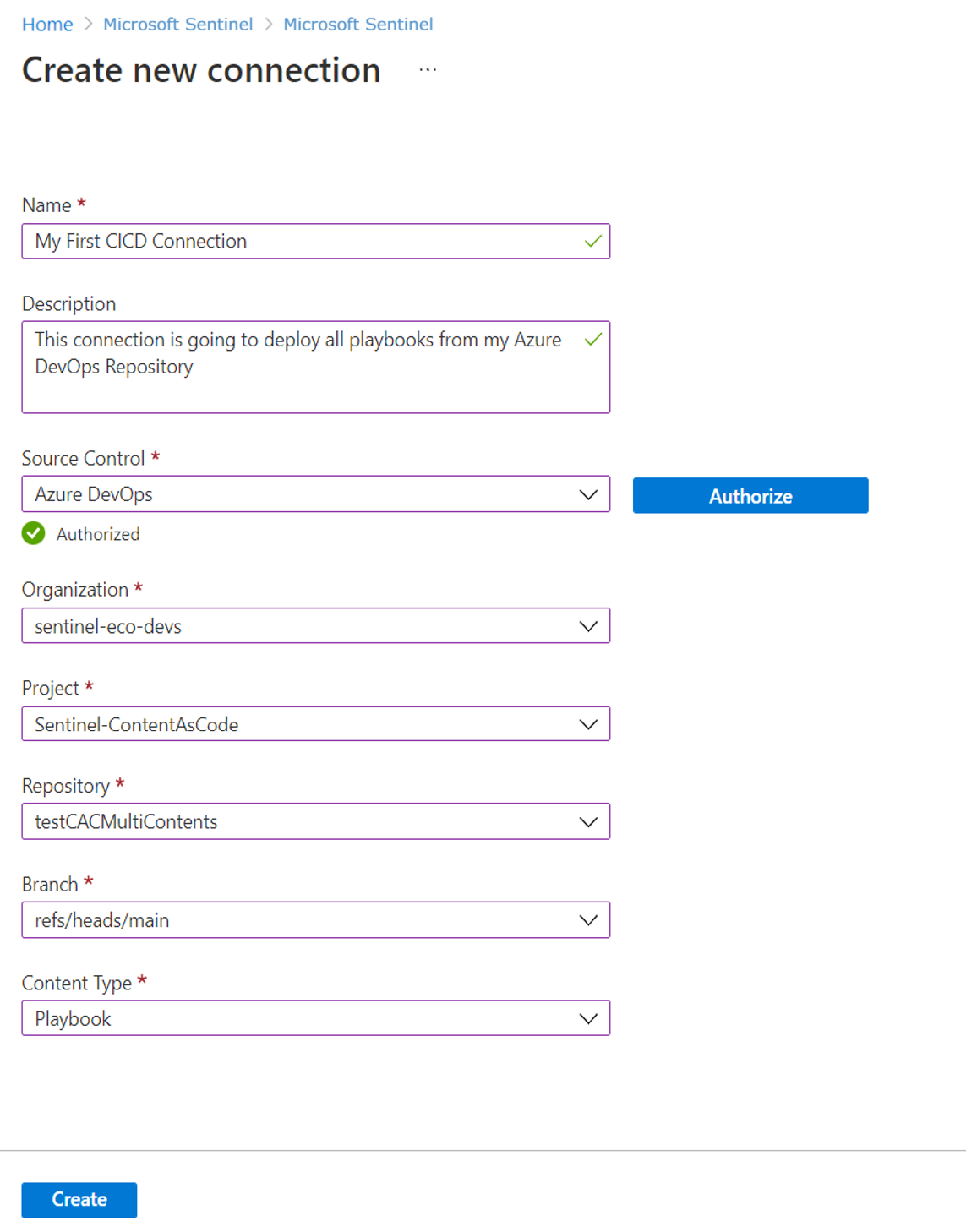 Captura de ecrã de uma nova ligação ao repositório Azure DevOps.
