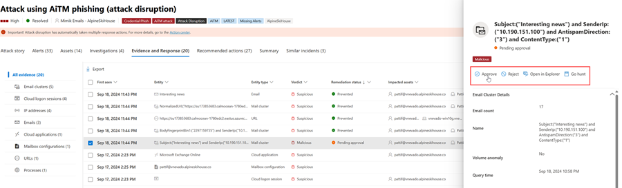 A opção Aprovar\Rejeitar no painel gestão de Provas e Respostas para um incidente no portal do Microsoft Defender.