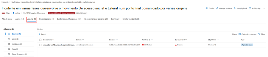 A página de Recursos de um incidente no portal do Microsoft Defender