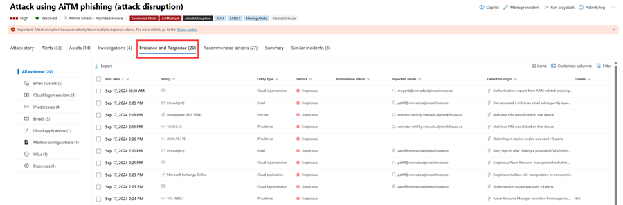 A página Provas e Resposta de um incidente no portal do Microsoft Defender