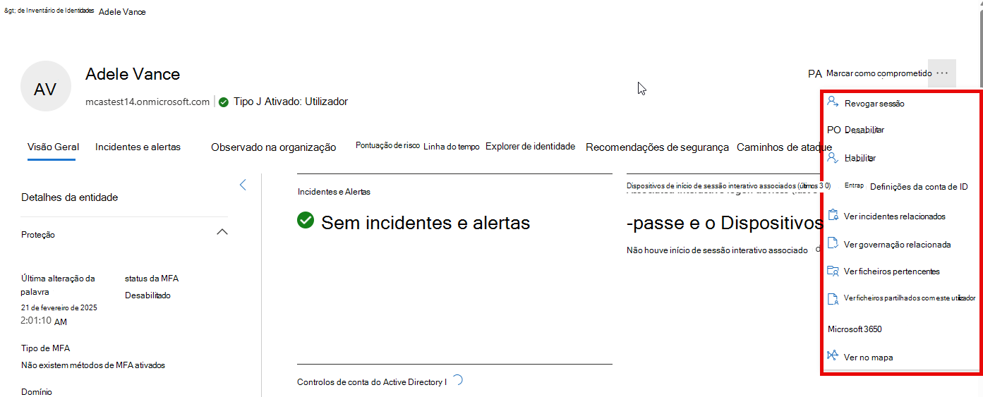 Captura de ecrã a mostrar a página de identidade com o menu de ações de identidade.