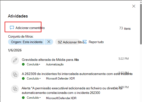 Captura de ecrã a mostrar como adicionar um comentário a um incidente.