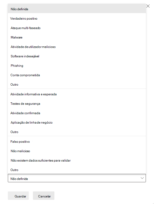 Captura de ecrã a mostrar as opções de classificação para incidentes.