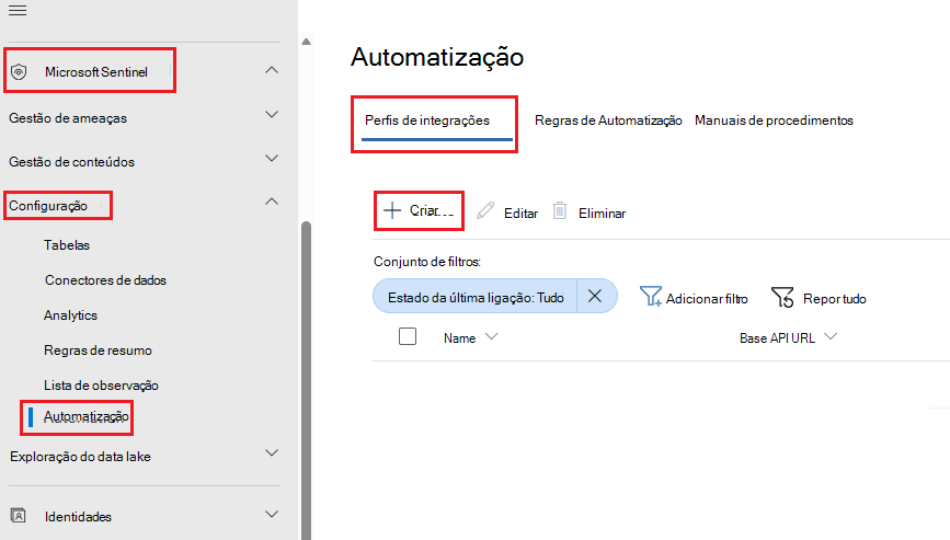 Captura de ecrã do separador Perfil de integrações na página Automatização com o botão Criar realçado.