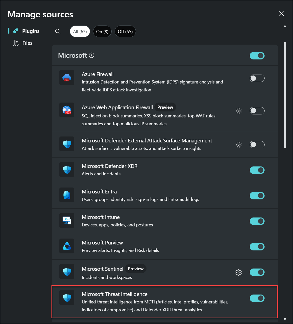 Captura de ecrã a mostrar a janela de pop-up Gerir plug-ins com o plug-in do Microsoft Threat Intelligence realçado.