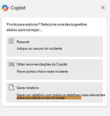 Captura de ecrã que mostra as opções disponíveis no separador Copilot, incluindo resumo de incidentes, recomendações e geração de relatórios.