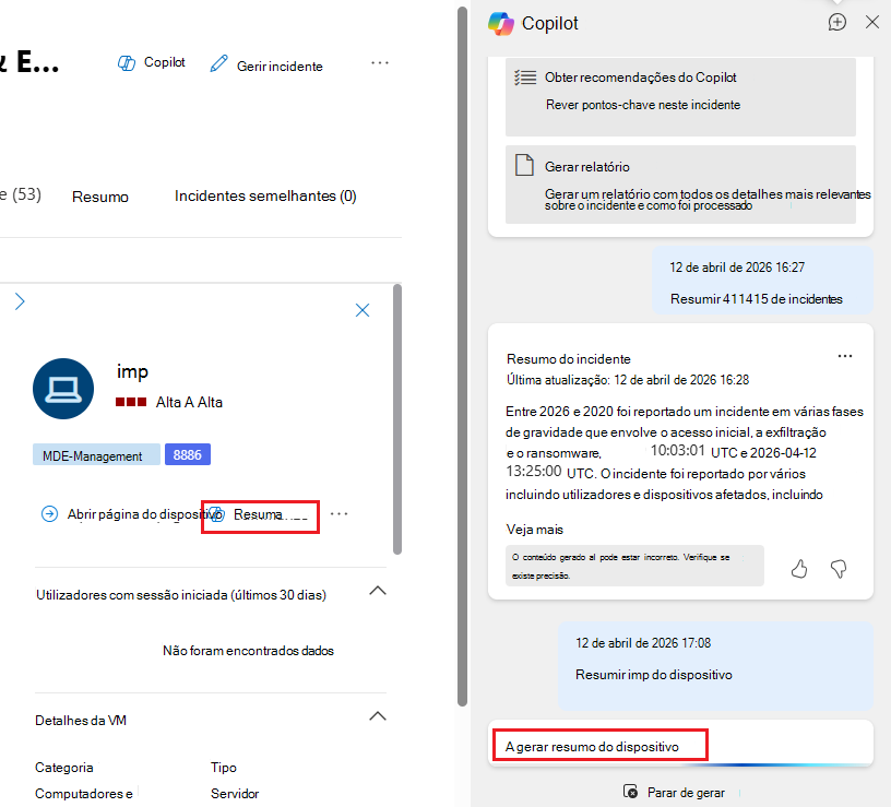 Captura de ecrã que mostra o painel Copilot a gerar um resumo do dispositivo em resposta a um pedido resumido na página do dispositivo.