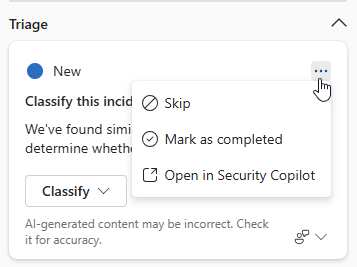 Captura de ecrã que mostra as opções disponíveis para os utilizadores num cartão de resposta guiado no painel lateral copilot.