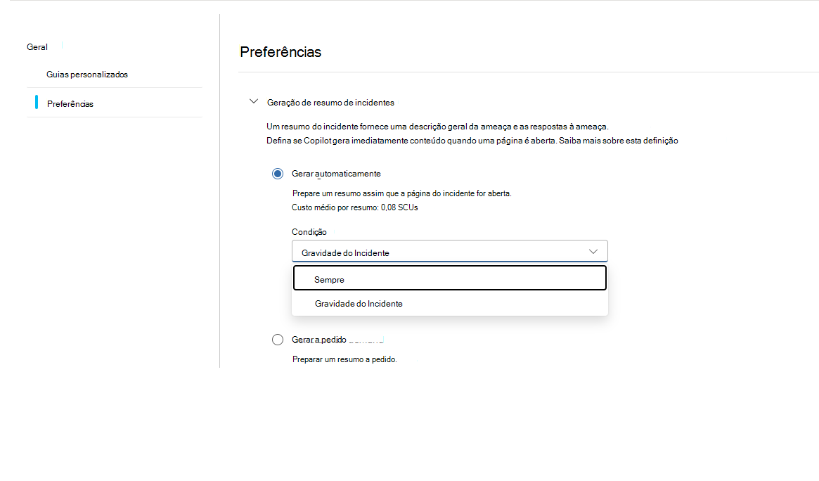 Captura de ecrã a mostrar a página de preferências de definições do Copilot no Microsoft Sentinel.