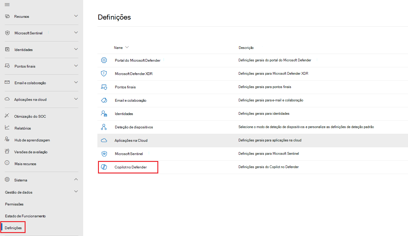 Captura de ecrã a mostrar a página de definições do Copilot no Microsoft Sentinel.
