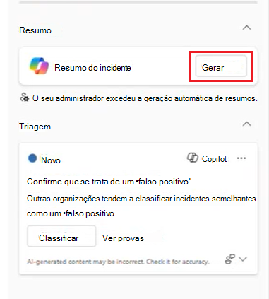 Captura de ecrã que mostra o botão Gerar resumo na página do incidente.
