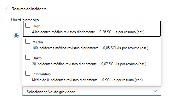 Captura de ecrã que mostra o número aproximado de incidentes de cada nível de gravidade.