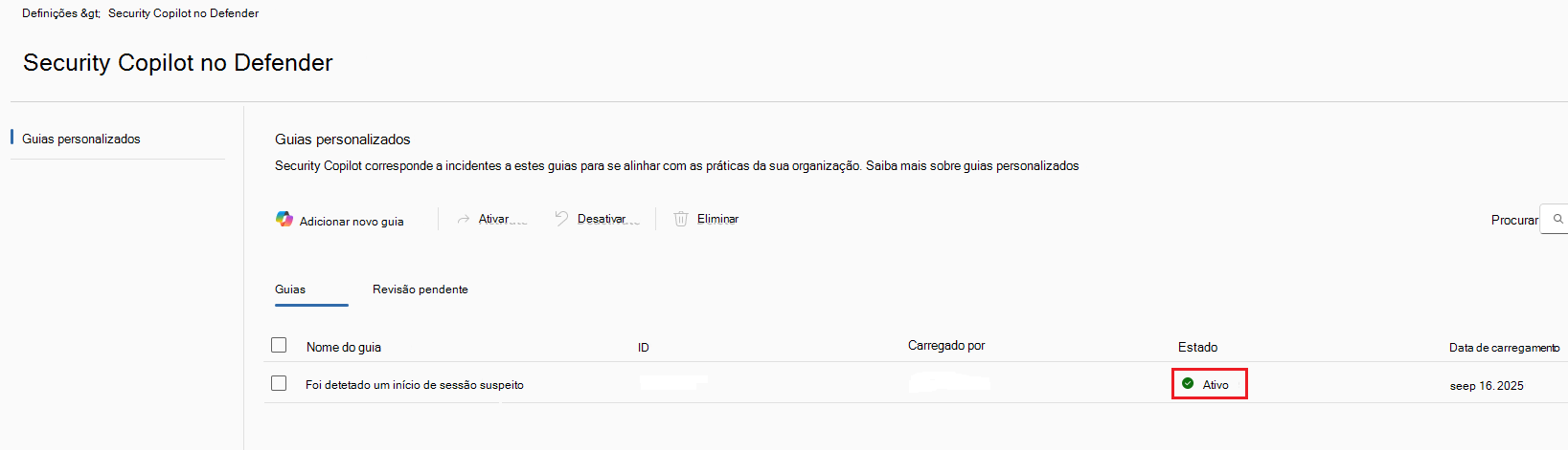 Captura de ecrã a mostrar o separador guias ativos.