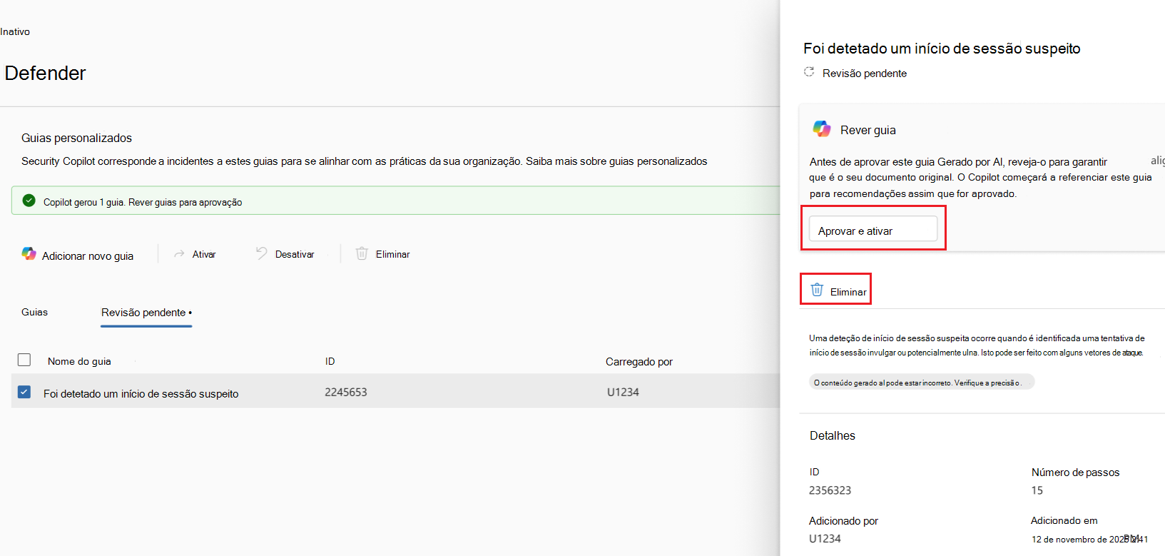Captura de ecrã a mostrar o botão aprovar e ativar para guias carregados.
